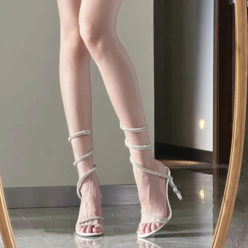 RC Open Toe Rhinestone Snakelike Winding One-Strap Spring Sandals Fairy Style Socialite Crystal Stiletto Heel High Heels Wedding Shoes