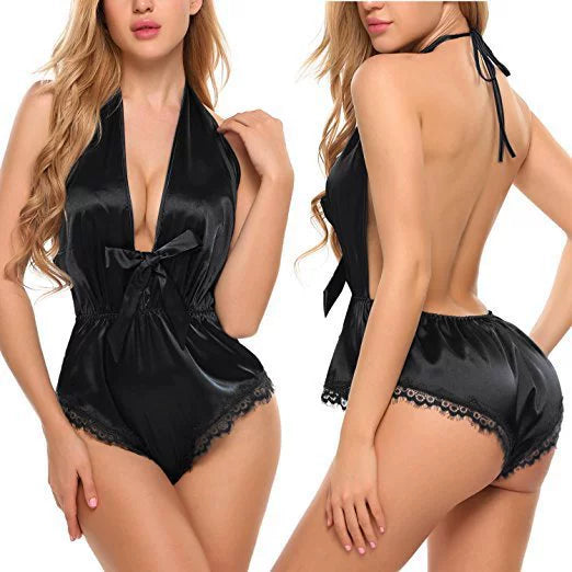 Sexy Women's Pajamas Deep V-Neck Satin Robe Sets Black Lace
