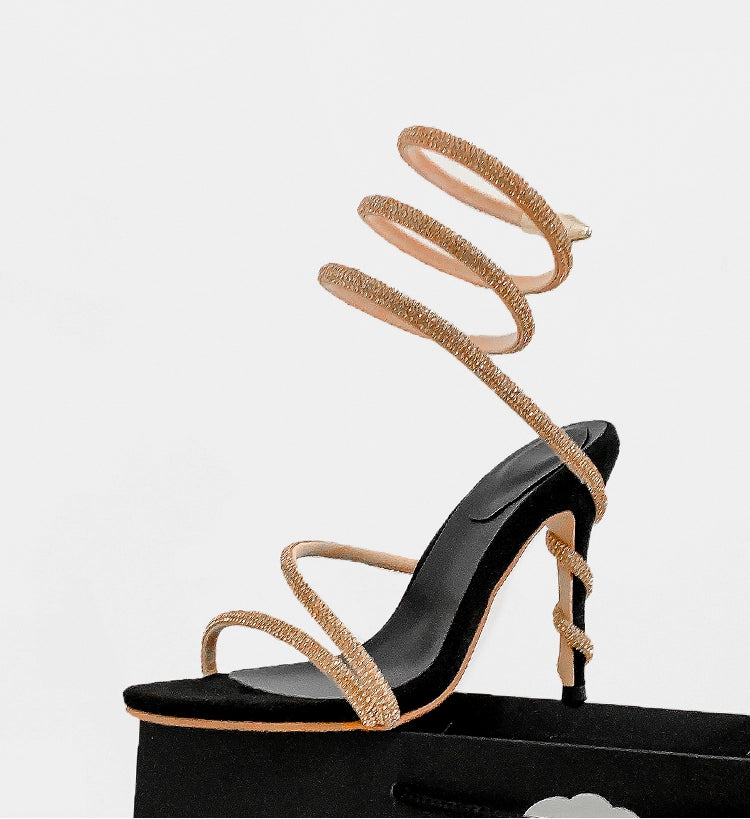RC Banquet Snakelike Winding Strap Rhinestone High Heel Shoes