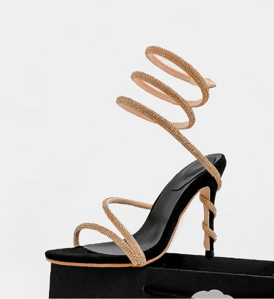RC Banquet Snakelike Winding Strap Rhinestone High Heel Shoes