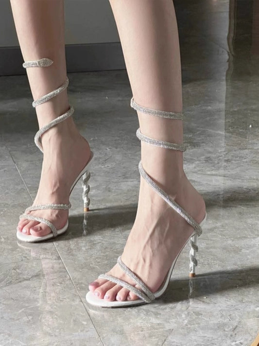 RC Open Toe Rhinestone Snakelike Winding One-Strap Spring Sandals Fairy Style Socialite Crystal Stiletto Heel High Heels Wedding Shoes