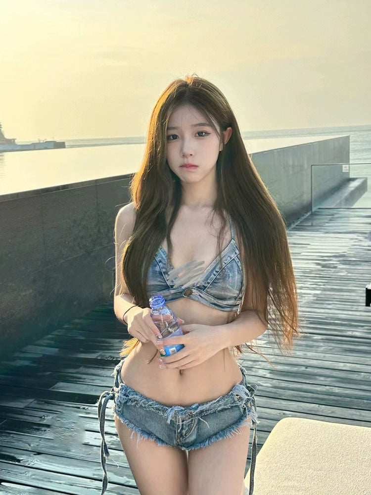 Denim Swimsuit Retro Net Red Hot Girl Ins Separates Three-Point Bikini Vacation Photo Bikini Swimsuit for Women