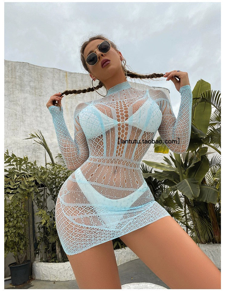 Rhinestone One-Piece Jacquard with Long Sleeves Dress round Neck Cut Out Pattern Sexy Elastic Waist-Tightening Hip Skirt
