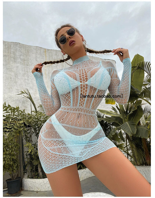 Rhinestone One-Piece Jacquard with Long Sleeves Dress round Neck Cut Out Pattern Sexy Elastic Waist-Tightening Hip Skirt