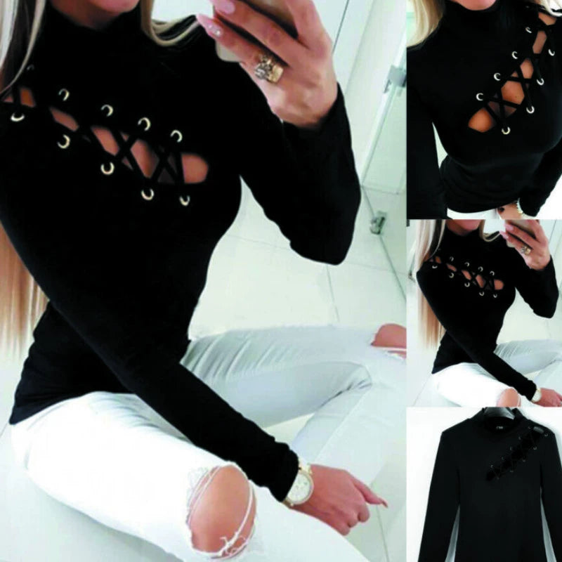 Women Sexy Hollow Out T-shirts Autumn 2022 Clothes Slim Fit