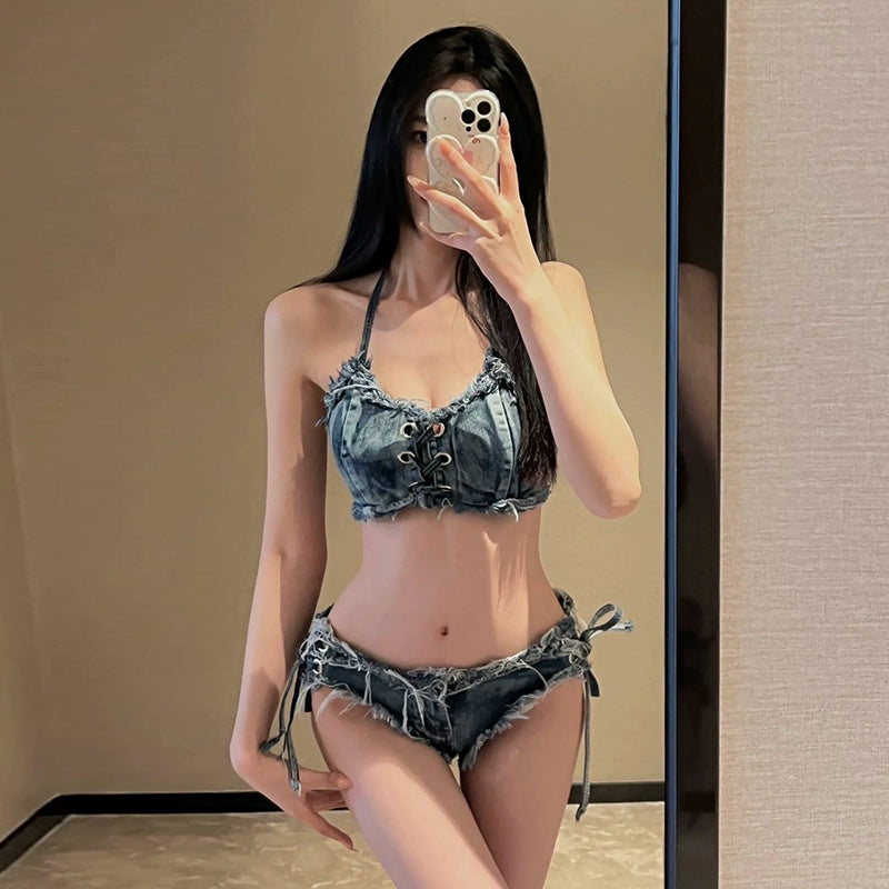 Denim Swimsuit Retro Net Red Hot Girl Ins Separates Three-Point Bikini Vacation Photo Bikini Swimsuit for Women