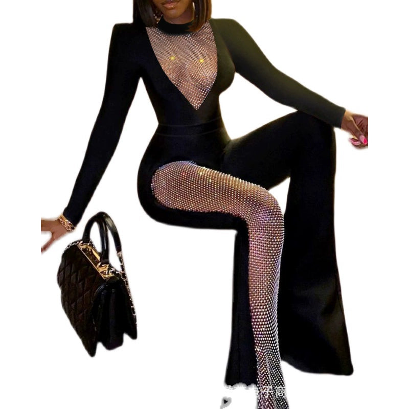 Women Sexy V-neck Jumpsuit Fashion Female Sexy Bright Silk Nightclub Party Slim Fit Bodysuit