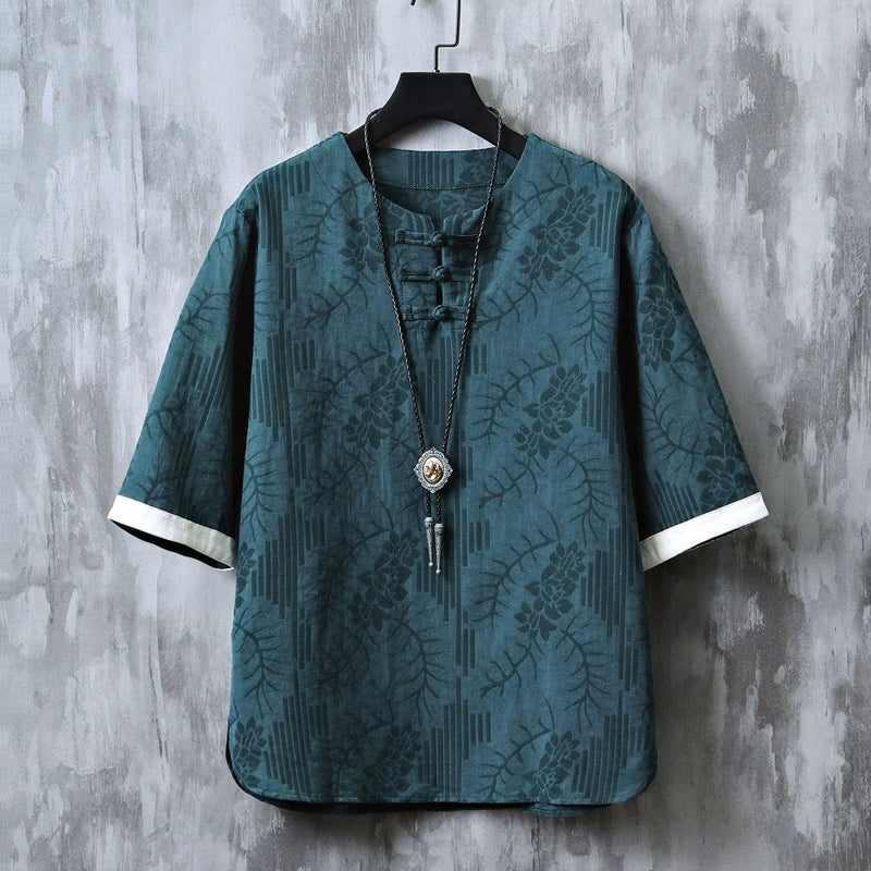Linen Short Sleeve T-Shirt Men's Chinese Style Summer Men's Jacquard Oversized Half-Sleeve Top Retro Cotton and Linen Han Costume T-shirt