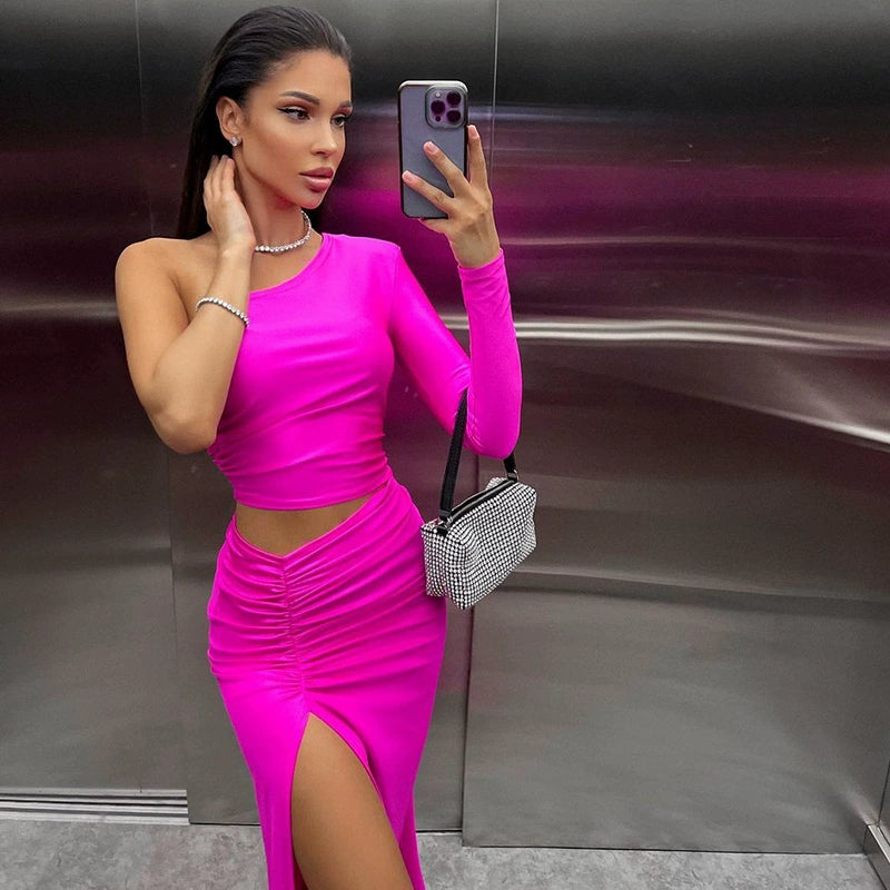 Ahagaga Fashion Style Elegant One Shoulder Long Sleeves Dress Sexy Cutout High Slit Ruched Sexy Long Dress for Women