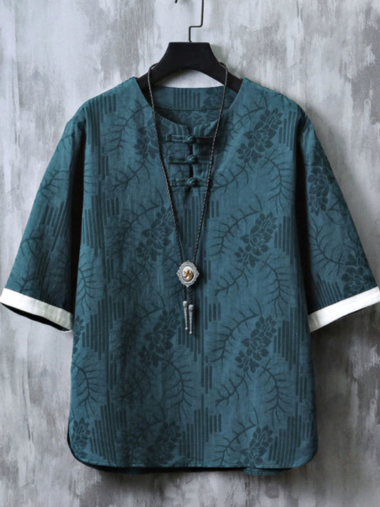 Linen Short Sleeve T-Shirt Men's Chinese Style Summer Men's Jacquard Oversized Half-Sleeve Top Retro Cotton and Linen Han Costume T-shirt