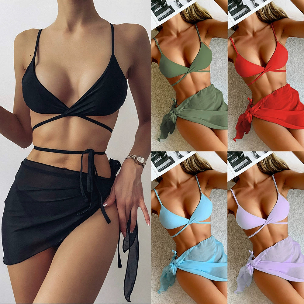 2021 Solid Color Bikini Chiffon Cover Dress Sexy Swimsuit Th