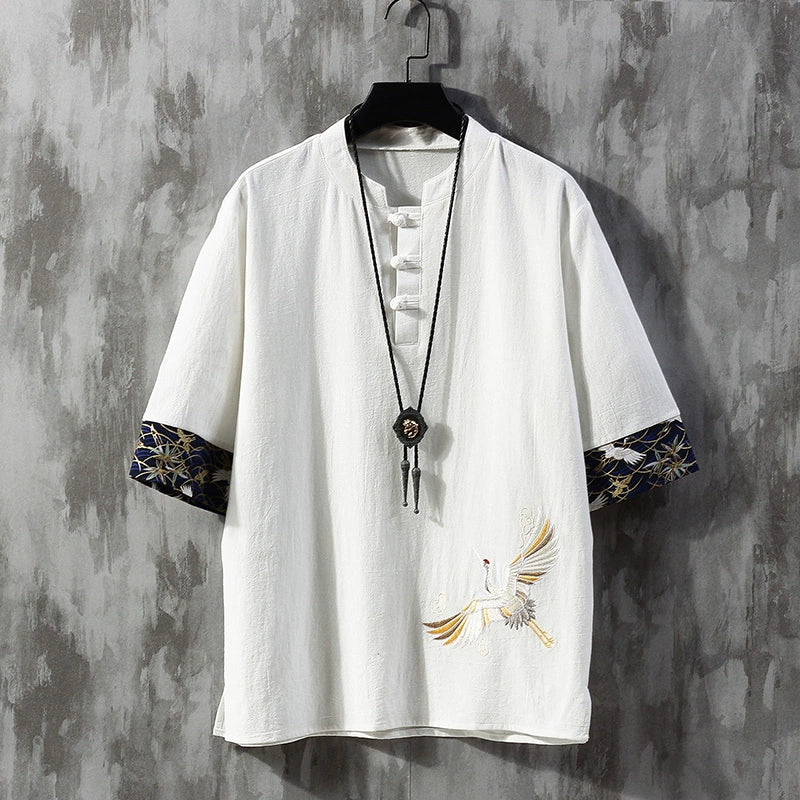 Linen Short Sleeve T-Shirt Men's Chinese Style Summer Men's Jacquard Oversized Half-Sleeve Top Retro Cotton and Linen Han Costume T-shirt