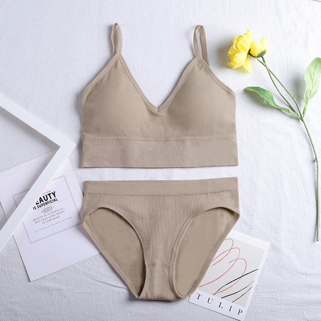 ATHVOTAR Seamless Lingerie Set Underwear Women Ribbed Bra&Br