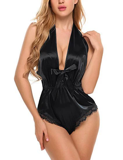Sexy Women's Pajamas Deep V-Neck Satin Robe Sets Black Lace