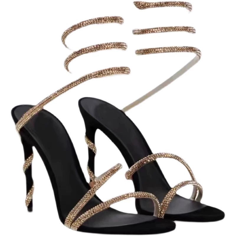 RC Open Toe Rhinestone Snakelike Winding One-Strap Spring Sandals Fairy Style Socialite Crystal Stiletto Heel High Heels Wedding Shoes