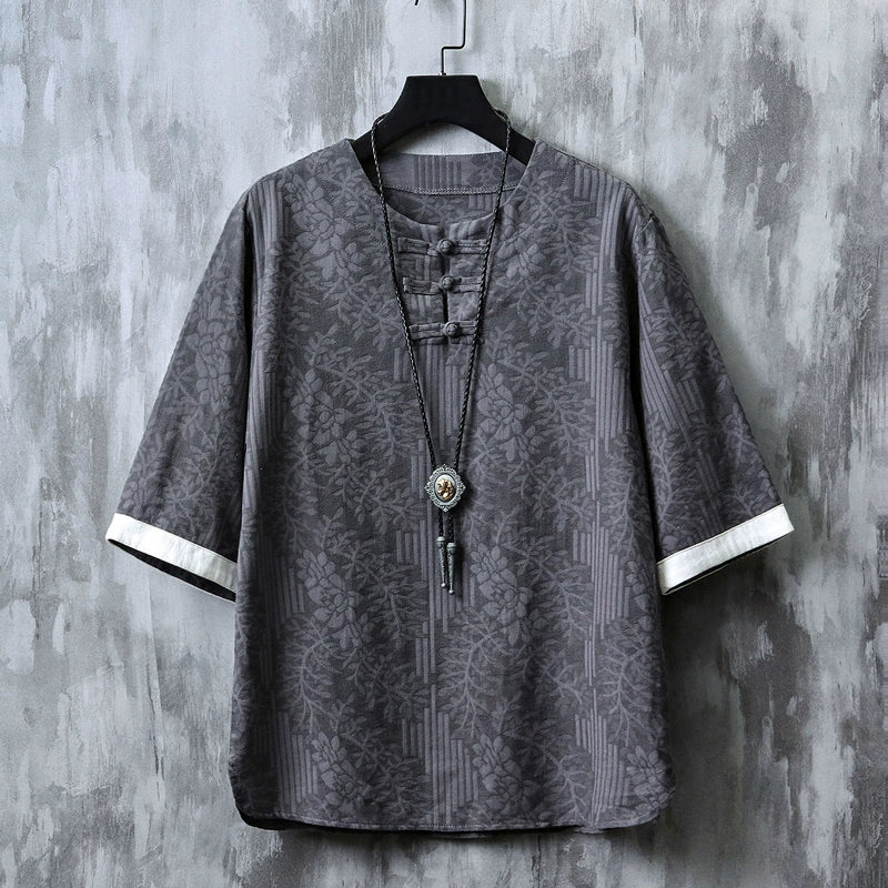 Linen Short Sleeve T-Shirt Men's Chinese Style Summer Men's Jacquard Oversized Half-Sleeve Top Retro Cotton and Linen Han Costume T-shirt