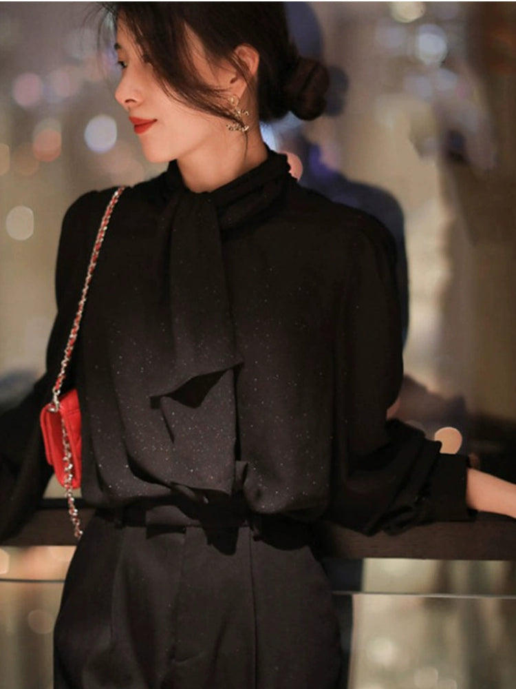 Chic Fancy Stars Glitter Shirt with Ribbon