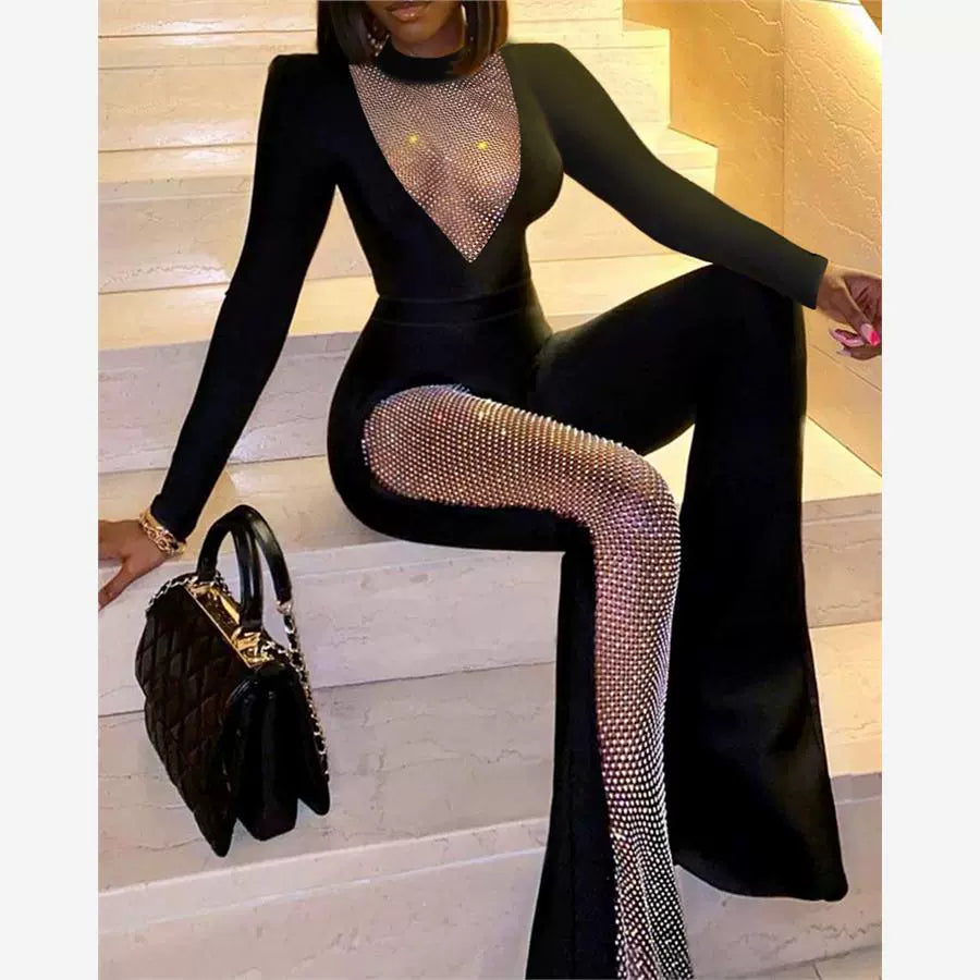 Women Sexy V-neck Jumpsuit Fashion Female Sexy Bright Silk Nightclub Party Slim Fit Bodysuit