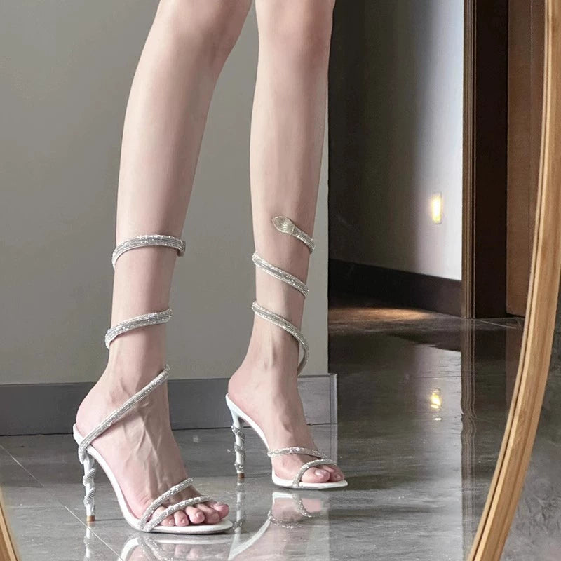 RC Open Toe Rhinestone Snakelike Winding One-Strap Spring Sandals Fairy Style Socialite Crystal Stiletto Heel High Heels Wedding Shoes