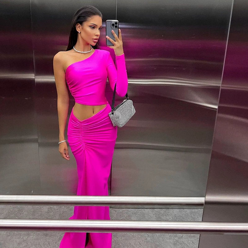 Ahagaga Fashion Style Elegant One Shoulder Long Sleeves Dress Sexy Cutout High Slit Ruched Sexy Long Dress for Women