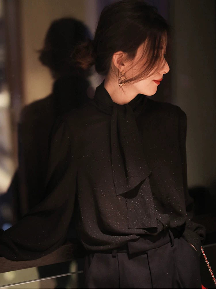 Chic Fancy Stars Glitter Shirt with Ribbon