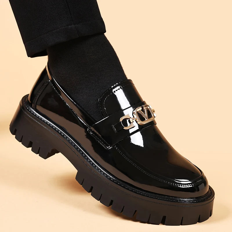 STRONGSHEN Men Leather Shoes Platform Loafers Thick-soled Patent Leather Wedding Shoes Formal Business Shoes Slip-on Casual Shoe
