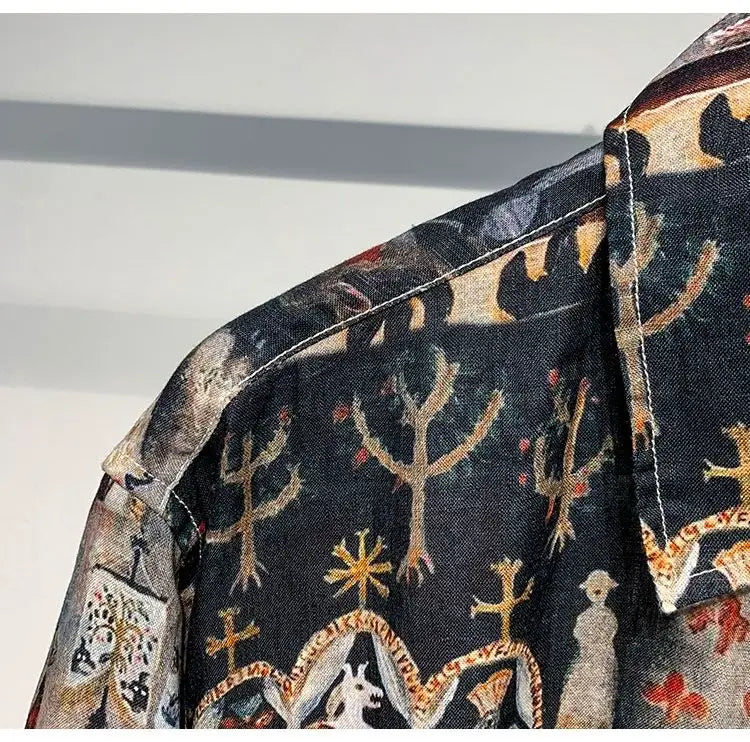 Printed Men Short Sleeved Linen Top Japanese Retro Summer Open Top Shirt