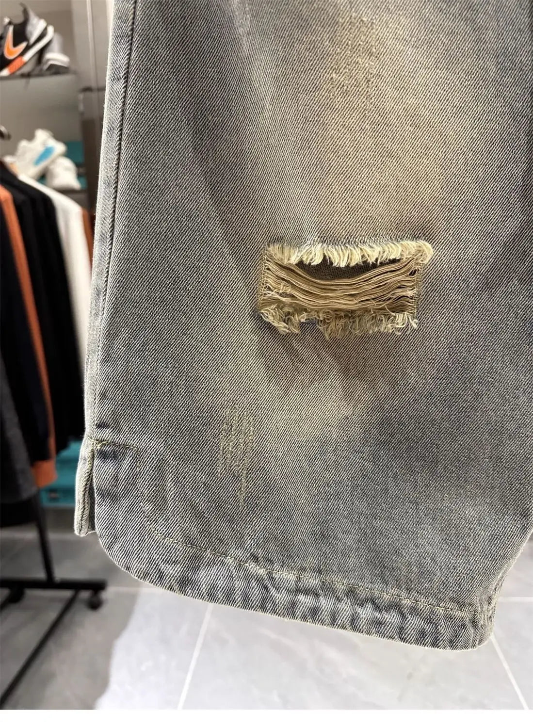 Men's Ripped Denim Shorts American High Street Loose Straight Washed Old Retro Versatile Casual Five-point Pants Jorts Man