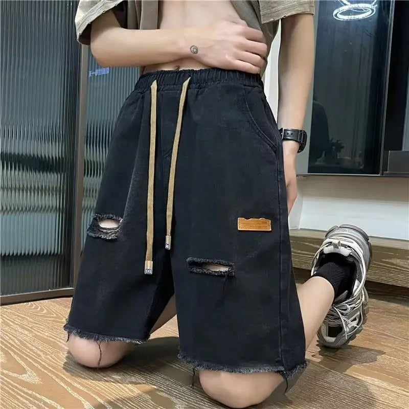 Trendy Burrs and Ripped Jeans for Men's Shorts Five-quarter Pants Thin Loose and Elastic Waist