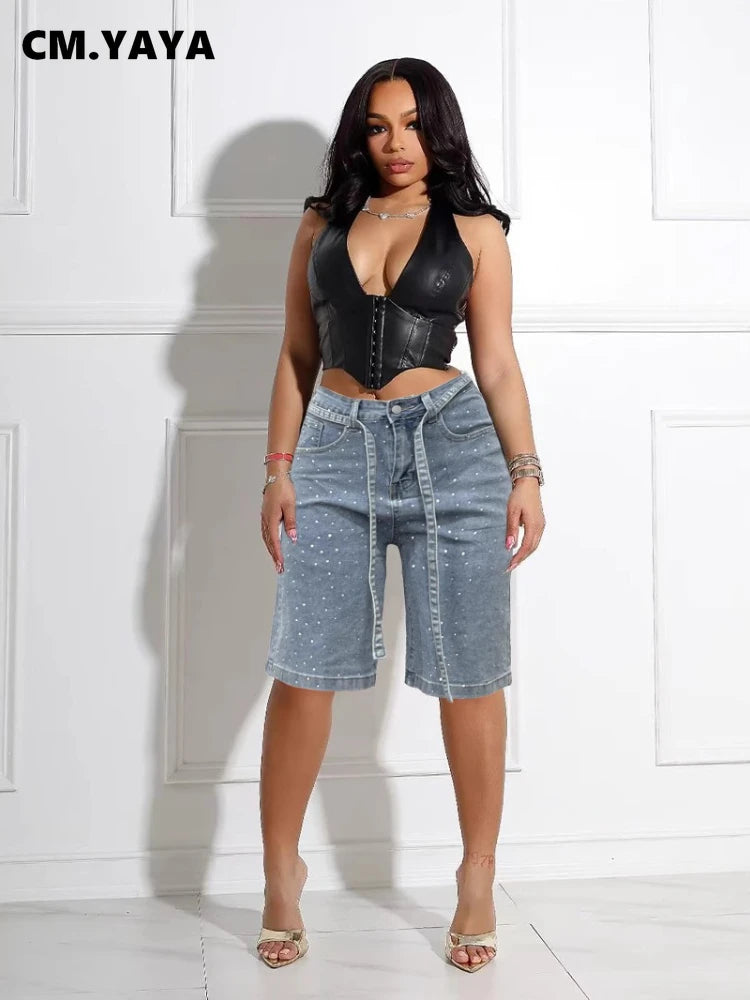 CM.YAYA Women Rhinestones Straight Washed Denim Knee Length Cargo Pants 2025 Summer Belt Pocket Street Casual Jeans Trousers