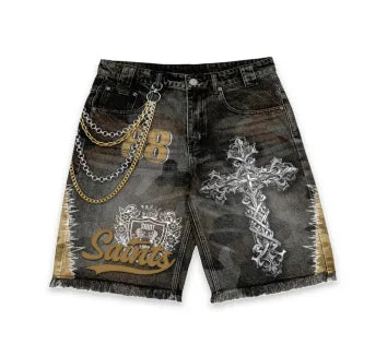 American popular retro cross niche letter print loose denim old shorts men's street fashion gothic casual new sweatshirt suit