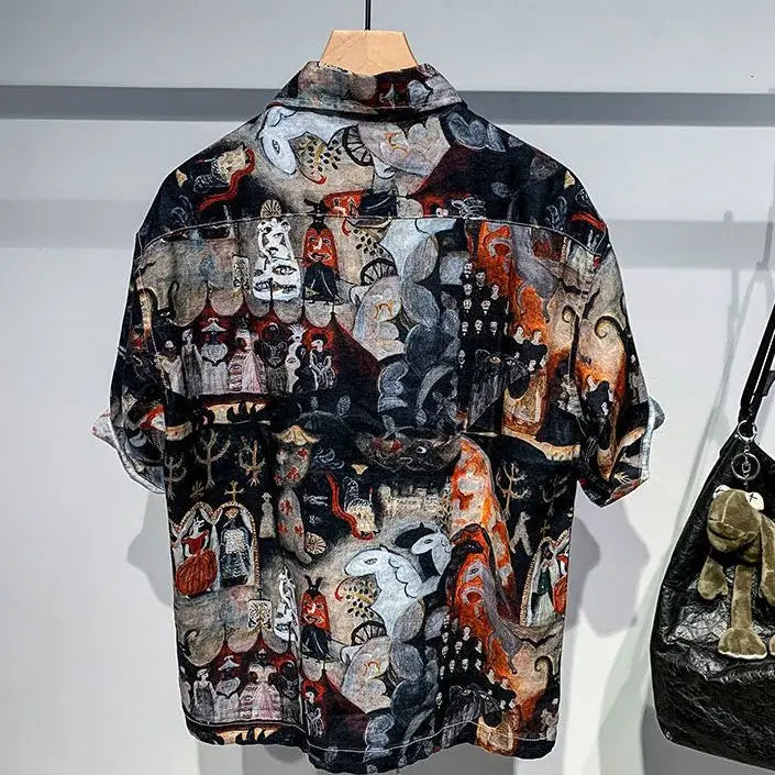 Printed Men Short Sleeved Linen Top Japanese Retro Summer Open Top Shirt