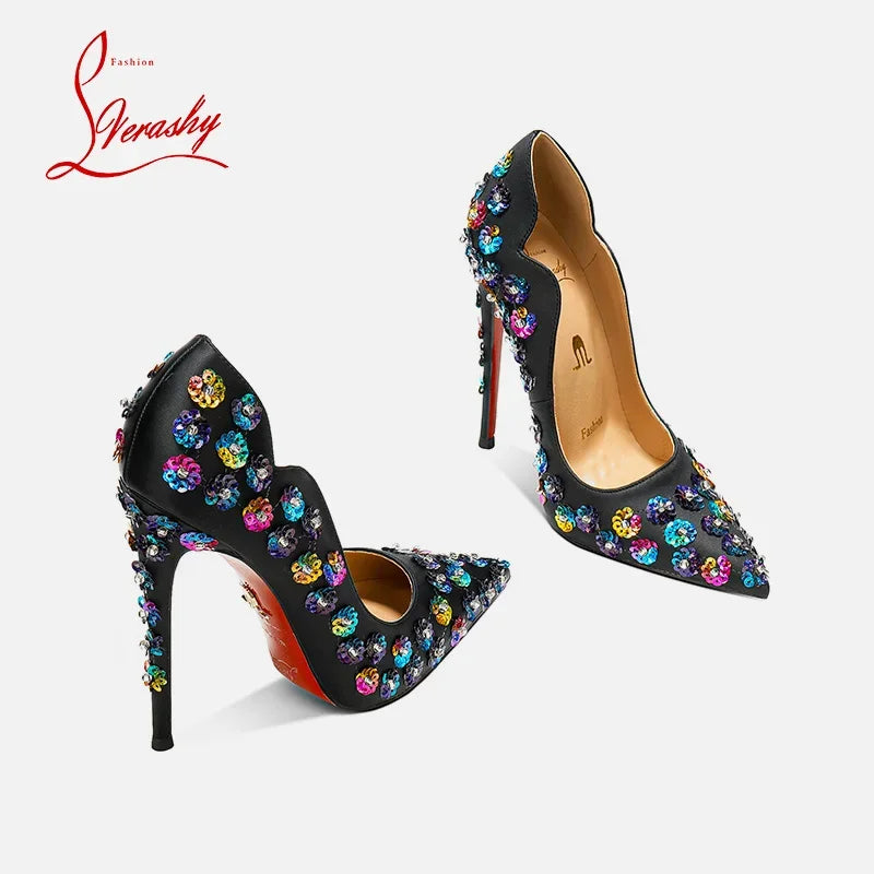 2025 Spring New High Heels Women's Embroidered Beaded Black Sexy Queen's Heel 10-12cm Pointed