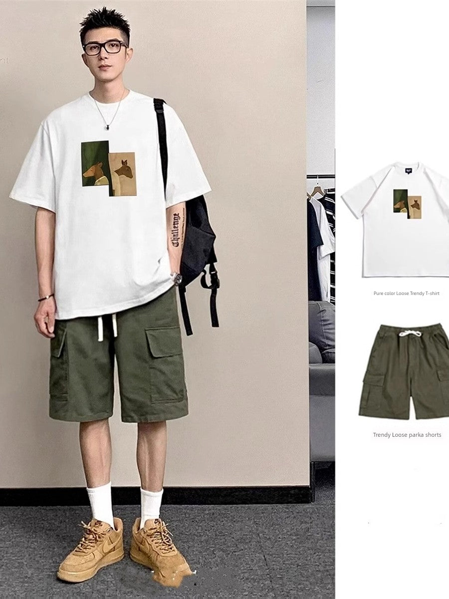 Print round Neck Pure Cotton T-shirt Men's Suit Summer Menswear a Set of Matching Parka Shorts Fashion Short Sleeve T-shirt