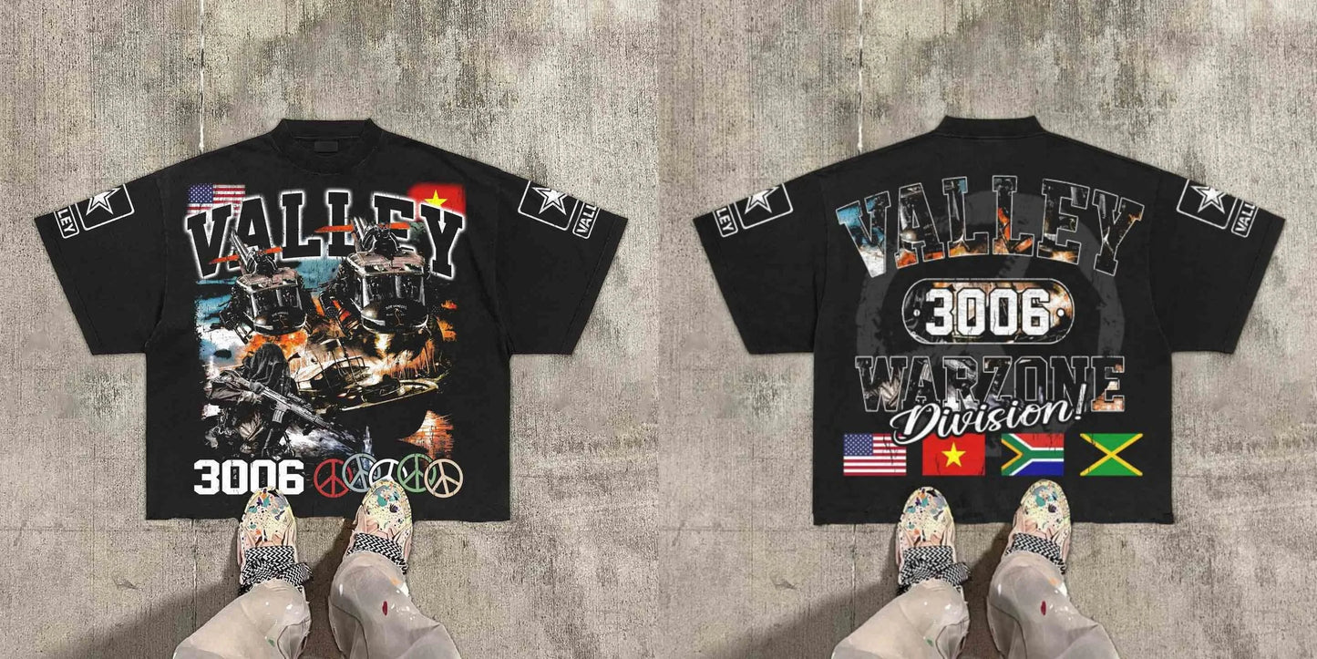 Vintage Warzone Valley Division Graphic 100% Cotton T-Shirt Cropped Tees Men and women same style, casual and comfortable