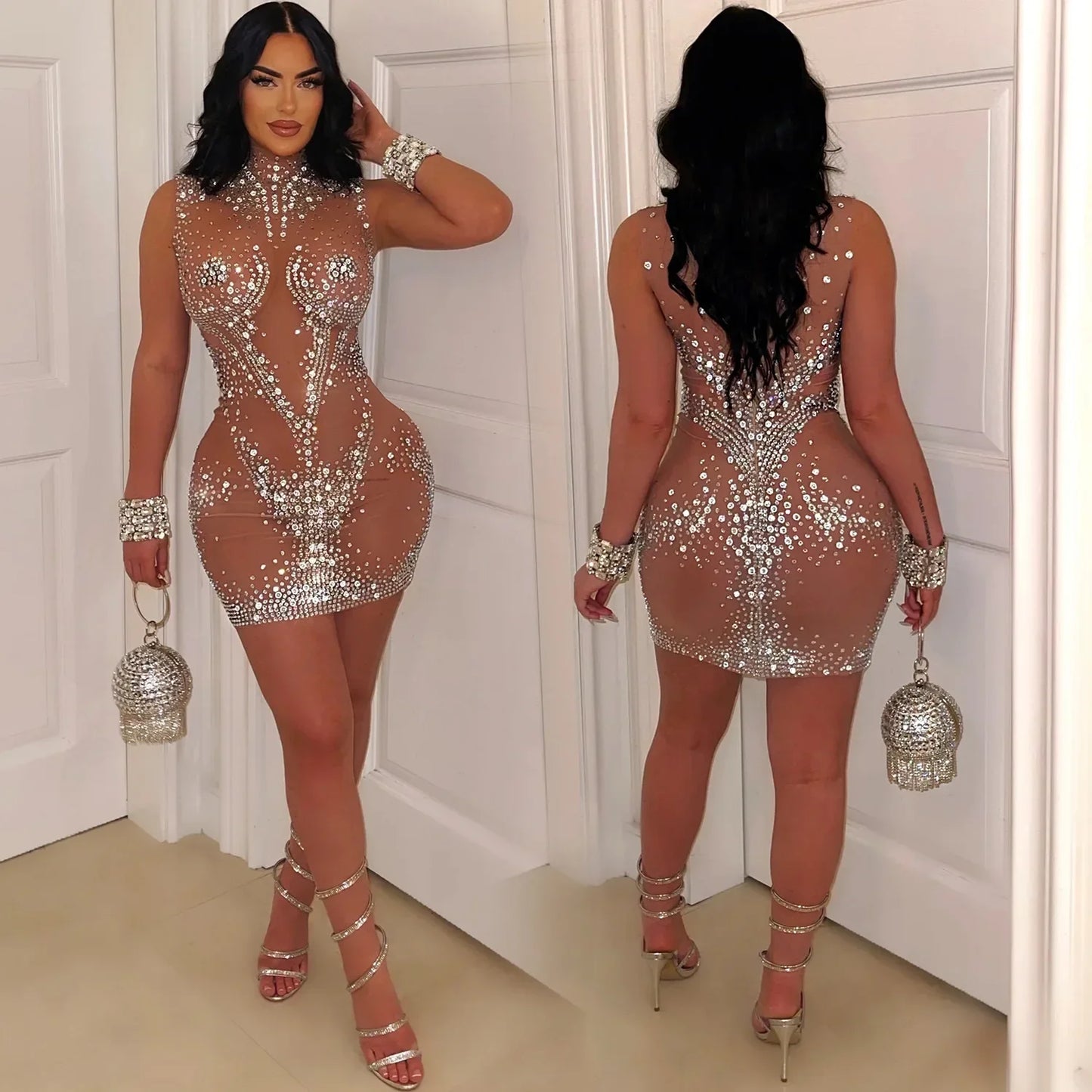 Z2255 Cross-Border Summer New Women's Clothing Sexy Mesh Rhinestone Sleeveless Dress Mini Dress Bodycon Skirt Women's