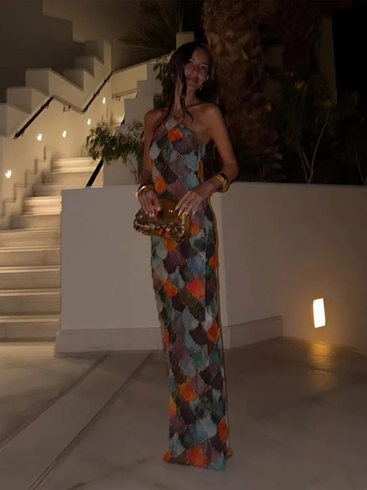 Fashion Scale Print Halter Long Dress Women Sleeveless Backless Sexy Hip Package Maxi Dresses 2025 Summer Autumn New Lady Robes