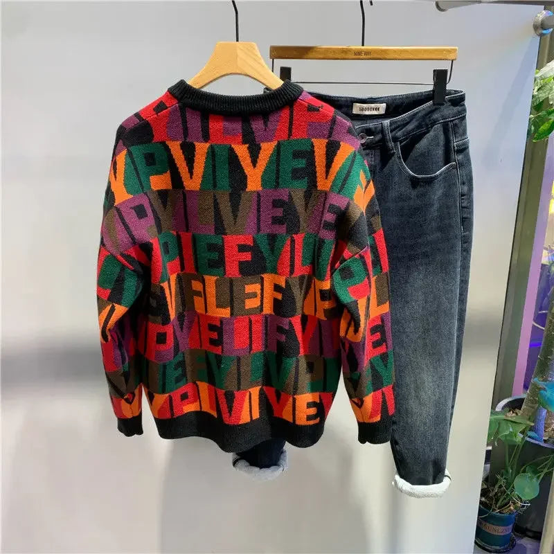2023 New Autumn and Winter Men Fashion Letter Jacquard Pullover Knitted Sweater Trendy Contrasting Color Design Sweater
