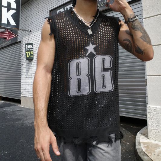 Slavinson Men's Vest Summer Fashion Knitted Letter Pattern Mesh Sleeveless Vest Casual Breathable Knit Soft Vest Top Men US Size