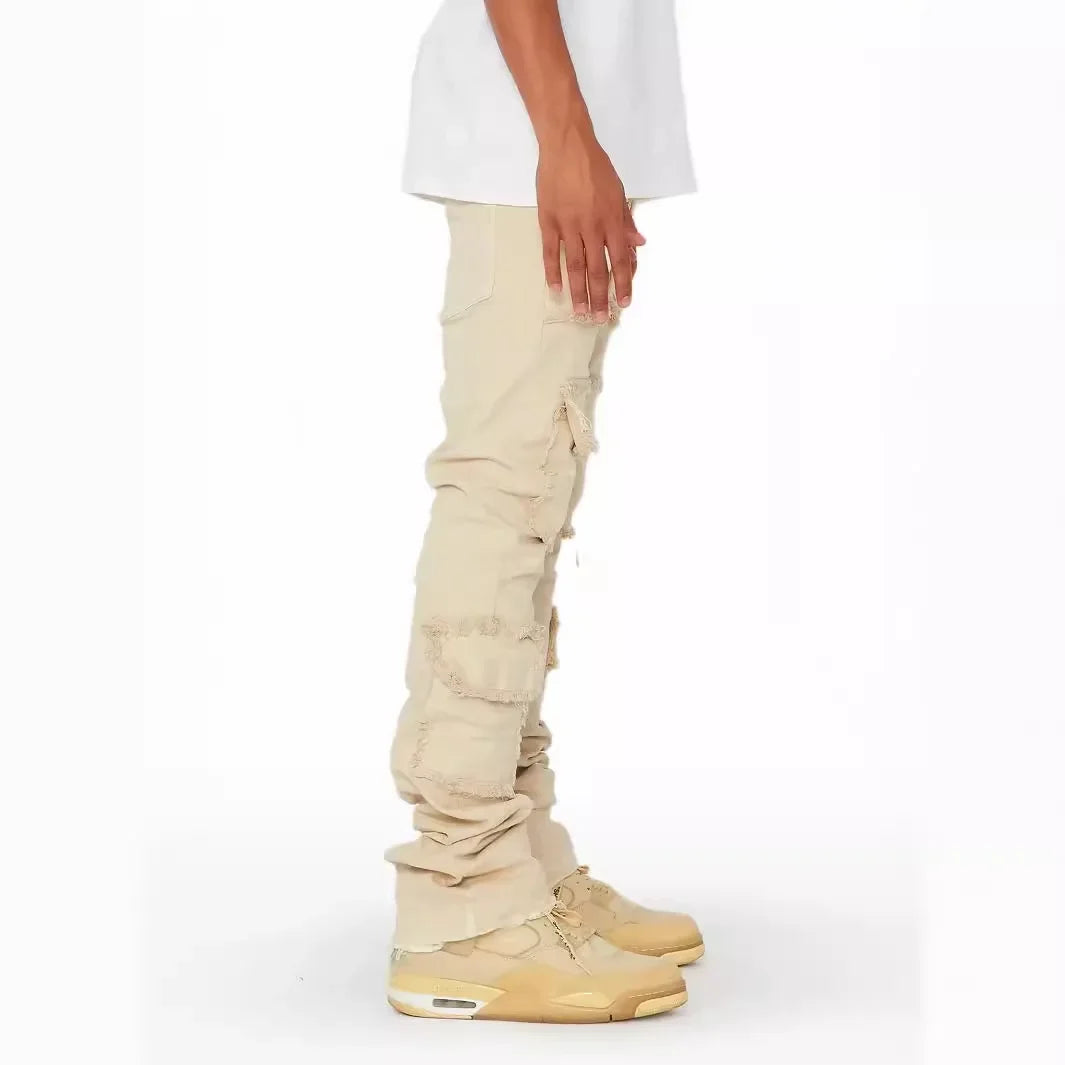 Men's Denim Workwear Straight-leg Pants, European and American Fashion Elastic Patched Denim Stacked Flared Men's Pants S-XL