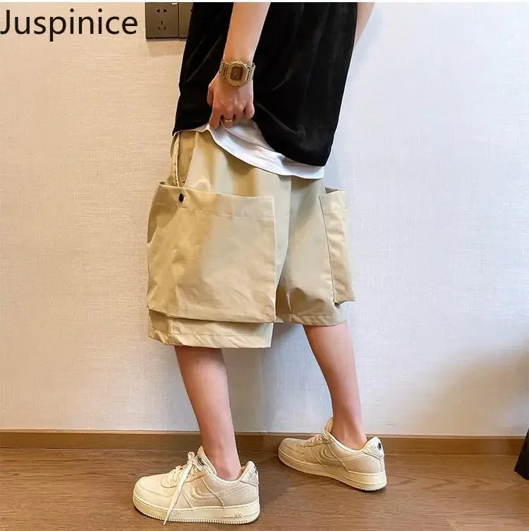 Summer Solid Pockets Large Size Shorts Men's High Street Loose Casual Workwear Five-quarter Pants Men Bottom Male Sportswear
