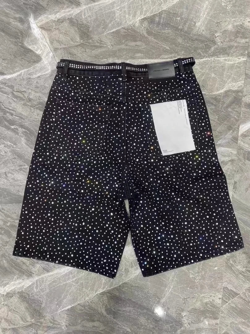 American Retro Rhinestone Sequin Denim Shorts Y2K Jeans Men Women Retro Ribbon Washed Baggy Shorts Low Waist Over The Knee Pants