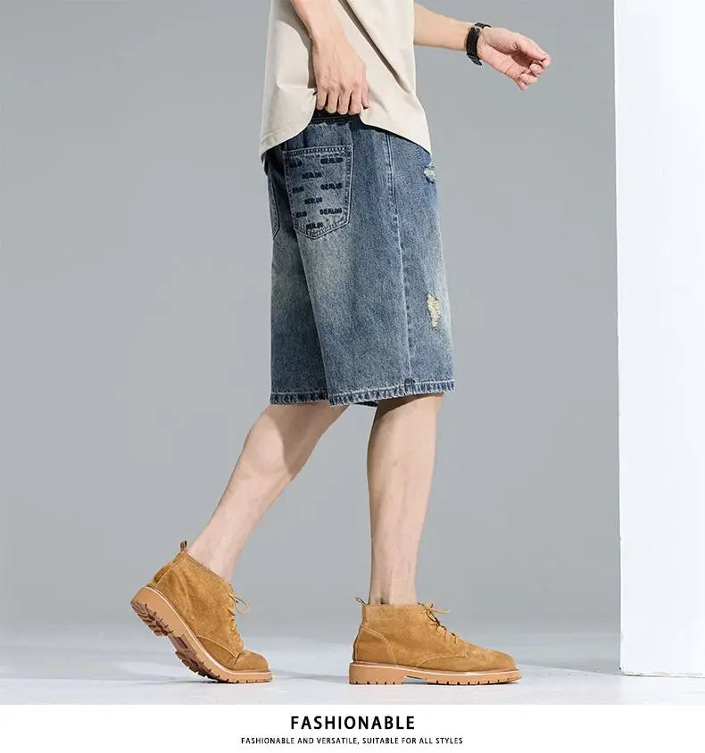 Casual Cargo Denim Shorts Men Elastic Waist Straight Comfortable Light Color Soft Short Pants Baggy Wide Bermuda Male Y2k Jeans