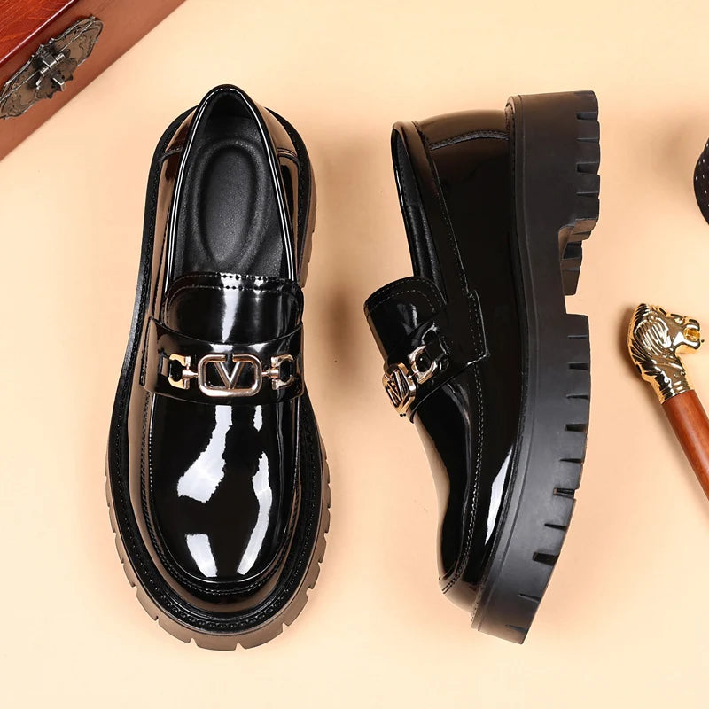 STRONGSHEN Men Leather Shoes Platform Loafers Thick-soled Patent Leather Wedding Shoes Formal Business Shoes Slip-on Casual Shoe