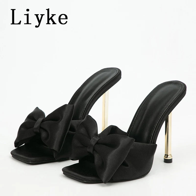 Liyke Fashion Yellow Green Silk Butterfly-Knot Women Slippers Mule High Heels Gladiator Sandals Flip Flop Square Toe Party Shoes