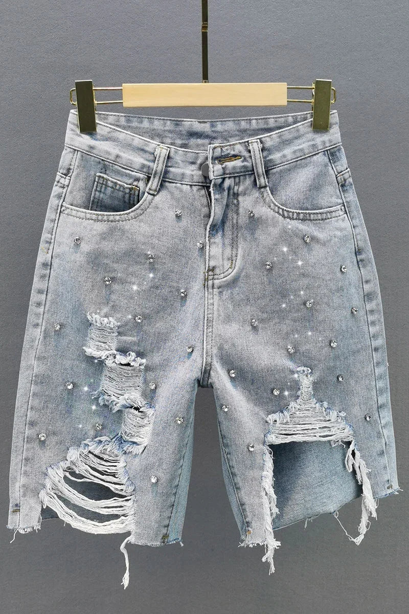 2023 Summer New Diamond Ripped High Waist Loose Light Blue Ins Trendy Women Fifth Jeans