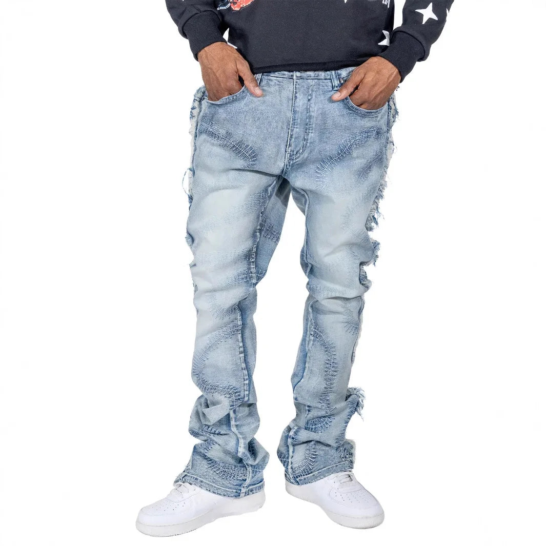 Flare Denim Pants Jeans Men Jean Boot Cut Skinny Solid Spliced Distressed Ankle Length Pant Zipper Fly Flat Washed Vintage