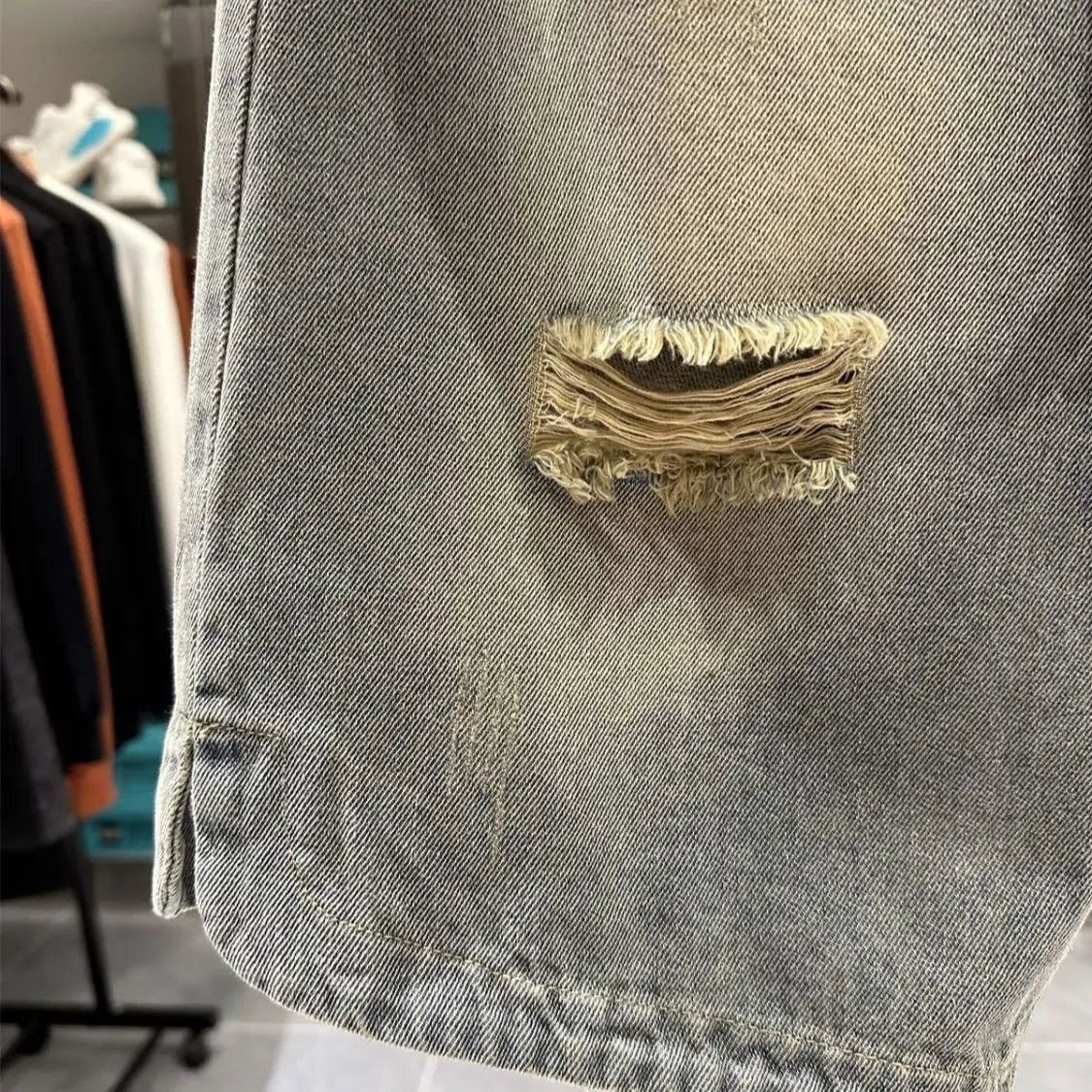 Men's Ripped Denim Shorts American High Street Loose Straight Washed Old Retro Versatile Casual Five-point Pants Jorts Man