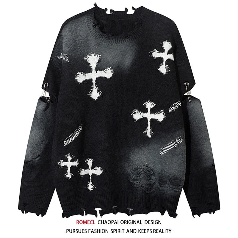 Loose Men's Knitted Sweater Cross Hook Flower Oversize Crew Ne Long Sve Casual Comfortable ROMECL Chinese Trendy Sle