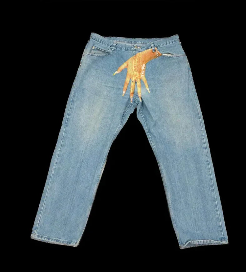 European and American personalized leopard print letter patch straight jeans summer retro punk trendy casual skateboard pants